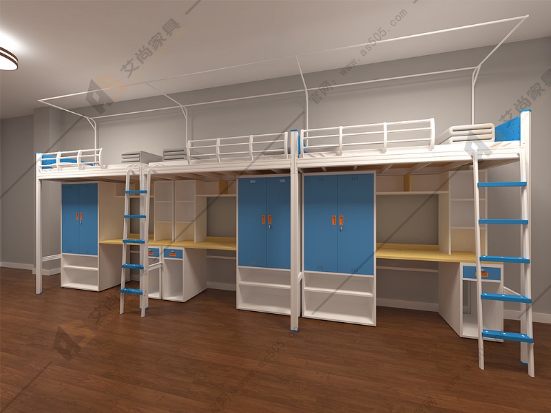 艾尚家具給客戶定制的這款大學(xué)公寓床的大有講究，米白色代表了友善，搭配淺藍(lán)色的整體家具，玩味十足，讓人心情愉快。淺藍(lán)色能讓原本不大的空間在視覺上顯得格外寬敞，使空間溫柔細(xì)膩，厚實(shí)迷人。